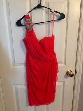 Hot pink One-Shoulder Cocktail Dress with Rhinestone Detail
